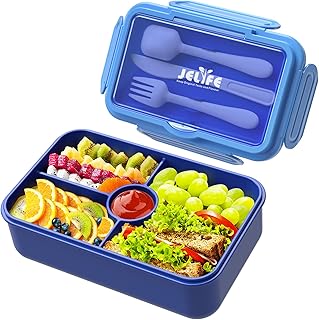 Jelife Bento Lunch Box for Kids - Leakproof Large Bento-Style with 4 Compartments Portions Lunchbox with Tableware Back - Image 1