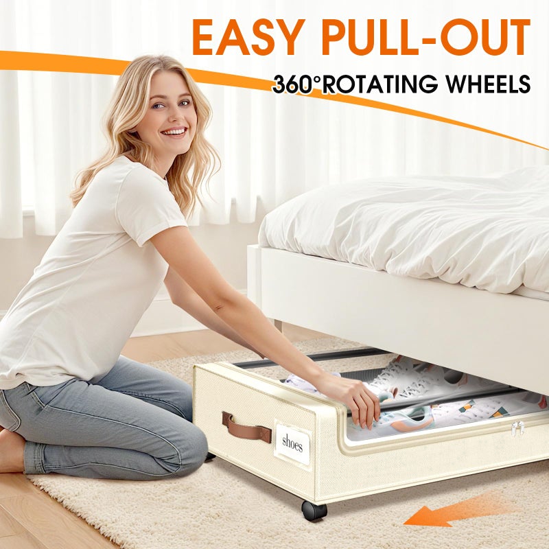 SpaceHacks Under Bed Storage with Wheels 2Pack Underbed Storage with Clear Window&Label Under Bed Drawers Large Capacity Rolling Under Bed Storage for Clothes,Shoes, Blankets (Beige) - Image 4