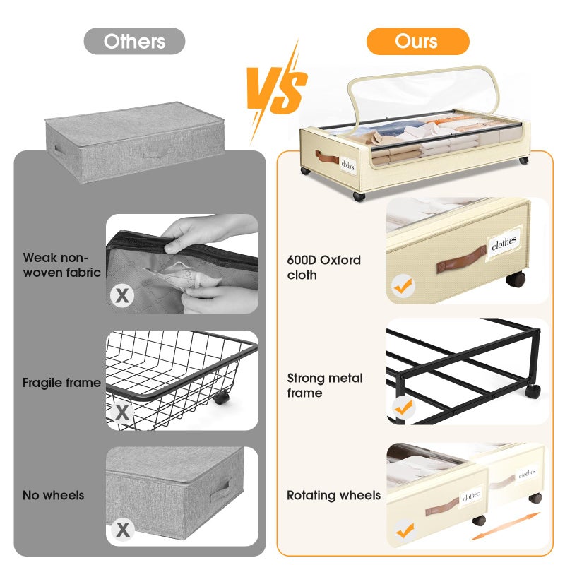SpaceHacks Under Bed Storage with Wheels 2Pack Underbed Storage with Clear Window&Label Under Bed Drawers Large Capacity Rolling Under Bed Storage for Clothes,Shoes, Blankets (Beige) - Image 5