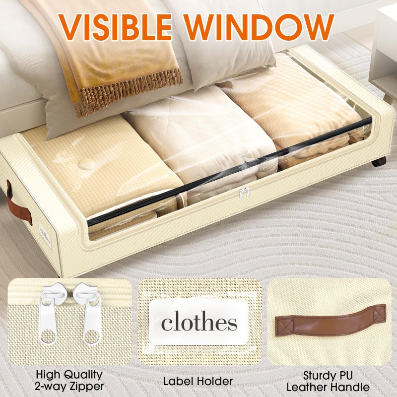 SpaceHacks Under Bed Storage with Wheels 2Pack Underbed Storage with Clear Window&Label Under Bed Drawers Large Capacity Rolling Under Bed Storage for Clothes,Shoes, Blankets (Beige) - Image 3