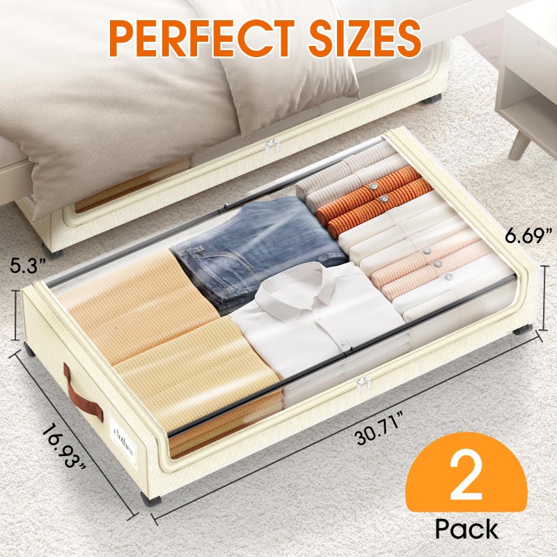 SpaceHacks Under Bed Storage with Wheels 2Pack Underbed Storage with Clear Window&Label Under Bed Drawers Large Capacity Rolling Under Bed Storage for Clothes,Shoes, Blankets (Beige) - Image 2