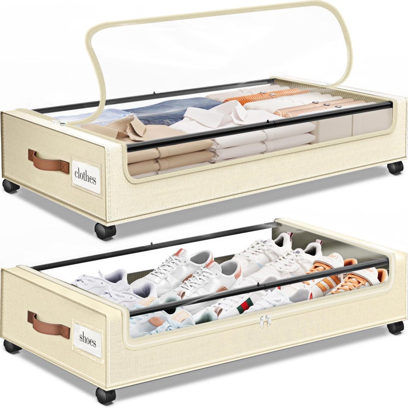 SpaceHacks Under Bed Storage with Wheels 2Pack Underbed Storage with Clear Window&Label Under Bed Drawers Large Capacity Rolling Under Bed Storage for Clothes,Shoes, Blankets (Beige) - Image 1
