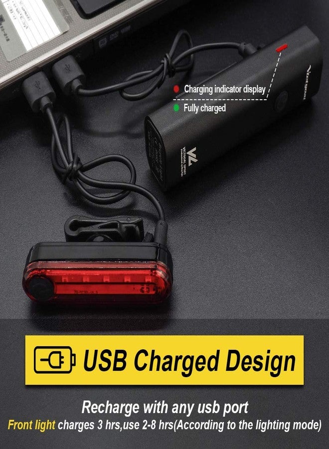  فيكتوال مجموعة مصابيح دراجة قابلة لإعادة الشحن عبر منفذ USB من VICTGOAL، مصباح أمامي فائق السطوع بقوة 400 لومن، مصباح خلفي LED، 4 أوضاع إضاءة، مصباح أمان لركوب الدراجات على الطرق، مدة التشغيل أكثر من 4 ساعات (أسود) - Image 3