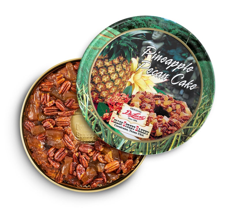 Collin Street Bakery Pineapple Pecan Cake (1 lb 14 oz) in Collectible Gift Tin - 115 Regular Size 7” Cake with Pecans, Pineapple, & Honey - Image 1
