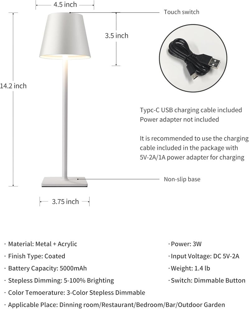 KDG 2 Pack Cordless Table Lamp, Portable LED Desk Lamp, 5000mAh Battery Operated, 3 Color Stepless Dimming Up, for Restaurant/Bedroom/Bars/Outdoor Party/Camping/Coffee Shop Night Light(White) - Image 5