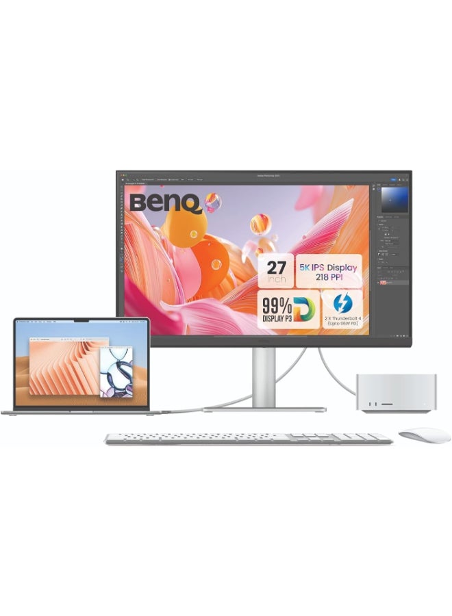 BenQ 27 inch 5K 5120x2880 Nano Gloss Monitor for Mac Creators, Dual Thunderbolt 4 96W/15W PD, 99% DCI-P3, HDR10 DisplayHDR 400, 450 nits, Mac Color Match, Daisy Chain, KVM Switch, HDMI 2.1, Integrated Mac Controls, Height Adjustable Stand, 3W x2 Speakers MA270S Silver - Image 3