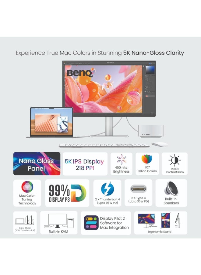 BenQ 27 inch 5K 5120x2880 Nano Gloss Monitor for Mac Creators, Dual Thunderbolt 4 96W/15W PD, 99% DCI-P3, HDR10 DisplayHDR 400, 450 nits, Mac Color Match, Daisy Chain, KVM Switch, HDMI 2.1, Integrated Mac Controls, Height Adjustable Stand, 3W x2 Speakers MA270S Silver - Image 2