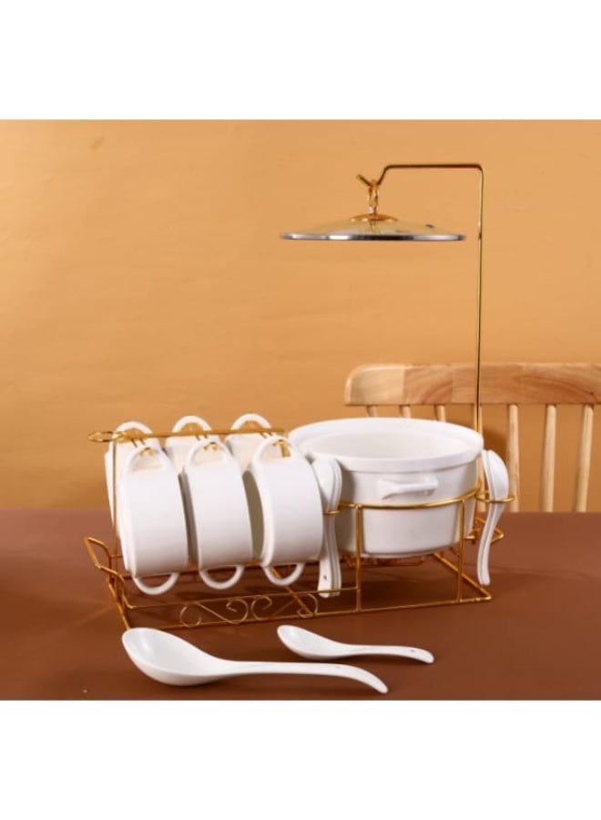 طقم شوربة بورسلين مع ملاعق مع قاعدة بتصميم حديث