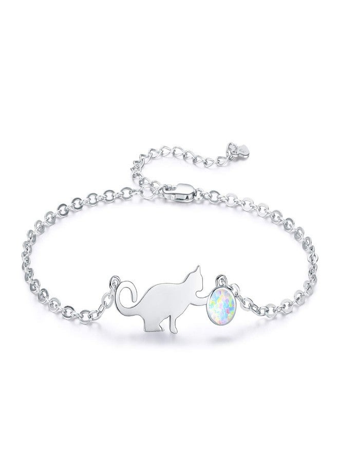 PRAYMOS Cat Bracelets for Women, 925 Sterling Silver Opal Kawaii Kitty Bracelet Hypoallergenic Cat Jewelry for Women Cat Themed Gifts - Image 1