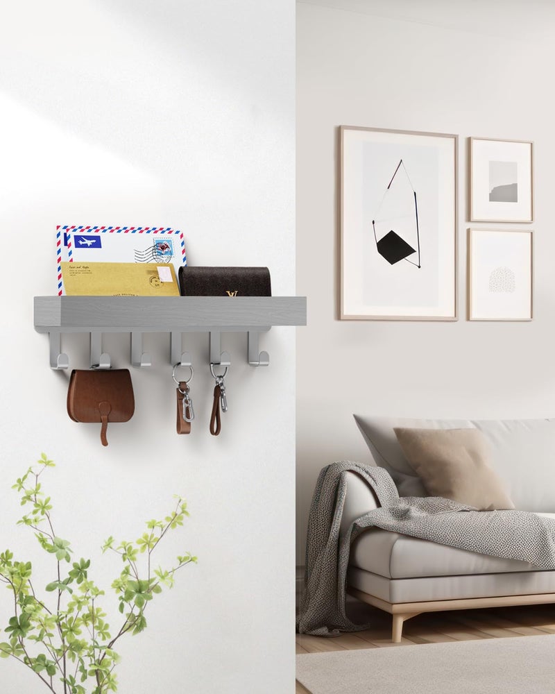 ROPALINS Key Holder Wall Mount Adhesive Magnetic - Hanging Key Hooks with Mail Organizer Tray for Wallet House Accessories - Keys Hanger Rack with Shelf for Camper Entryway Door Home Living Room Decor Grey - Image 3