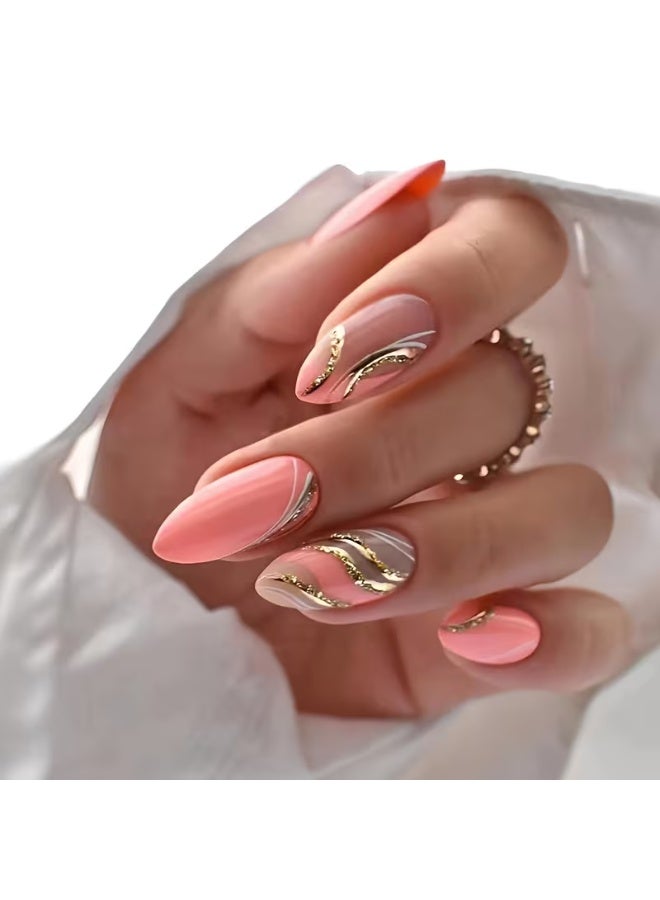 LANGMANNI 24Pcs Pink Gold Swirl Press On Nails, Medium Almond Fake Nails with Glitter, Detachable Reusable Wearable False Nails for Women - Image 1