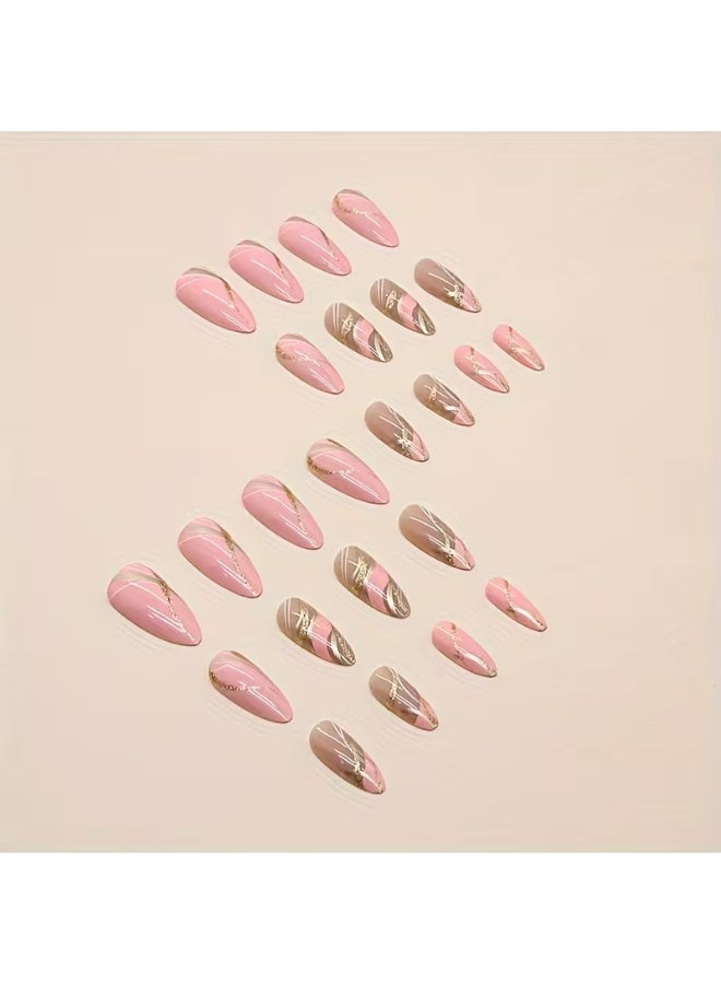 LANGMANNI 24Pcs Pink Gold Swirl Press On Nails, Medium Almond Fake Nails with Glitter, Detachable Reusable Wearable False Nails for Women - Image 3
