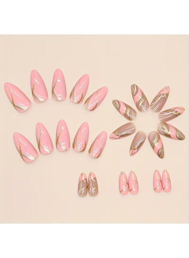 LANGMANNI 24Pcs Pink Gold Swirl Press On Nails, Medium Almond Fake Nails with Glitter, Detachable Reusable Wearable False Nails for Women - Image 4