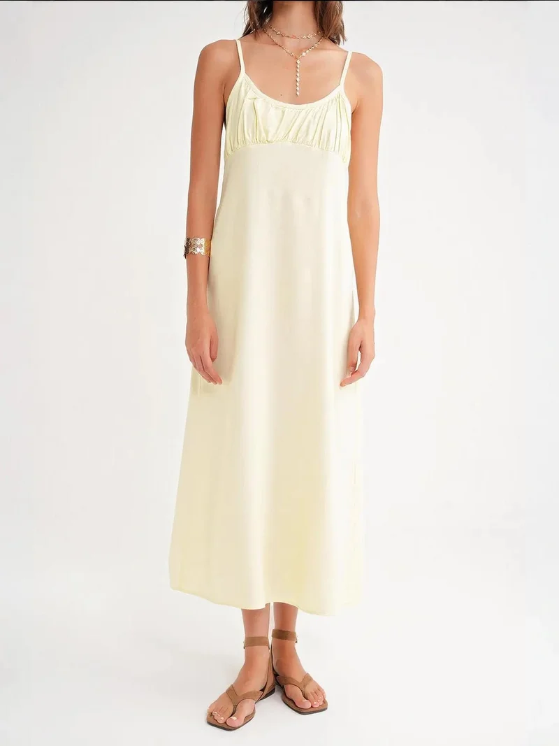 MixRay Lemon Yellow Mixray Strappy Maxi Dress with Gathered Detail for Women | Best Price UAE