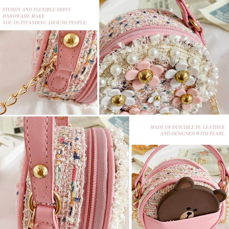 Forwe Store حقيبة كتف صغيرة للفتيات الصغيرات مزينة بزهور اللؤلؤ - حقائب أميرات صغيرة لطيفة بحزام كتف - Image 3