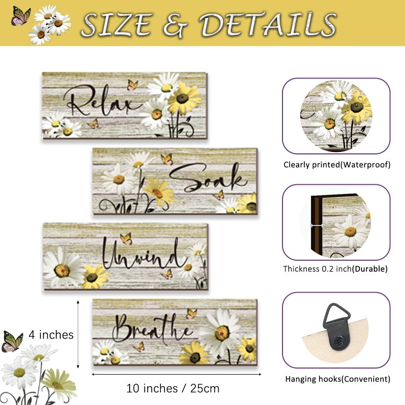 ZINYAZHE 4 Pcs Farmhouse Yellow Bathroom Wall Decor Yellow Daisy Floral Flowers and Butterfly Wall Art Relax Soak Unwind Breathe Rustic Wood Plaque for Kitchen Home Bedroom(10 x 4 Inch) - Image 4
