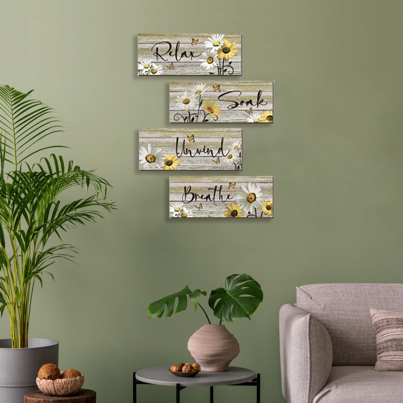 ZINYAZHE 4 Pcs Farmhouse Yellow Bathroom Wall Decor Yellow Daisy Floral Flowers and Butterfly Wall Art Relax Soak Unwind Breathe Rustic Wood Plaque for Kitchen Home Bedroom(10 x 4 Inch) - Image 3
