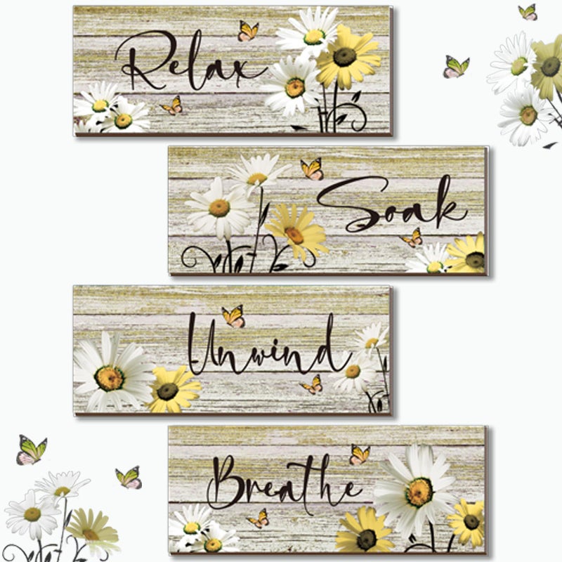 ZINYAZHE 4 Pcs Farmhouse Yellow Bathroom Wall Decor Yellow Daisy Floral Flowers and Butterfly Wall Art Relax Soak Unwind Breathe Rustic Wood Plaque for Kitchen Home Bedroom(10 x 4 Inch) - Image 1