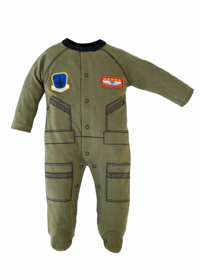 Baby Boys Aviator Flight Suit "Future Pilot" Sleeper 0-12 Mo Olive W Black Trim (0-3 mo)
