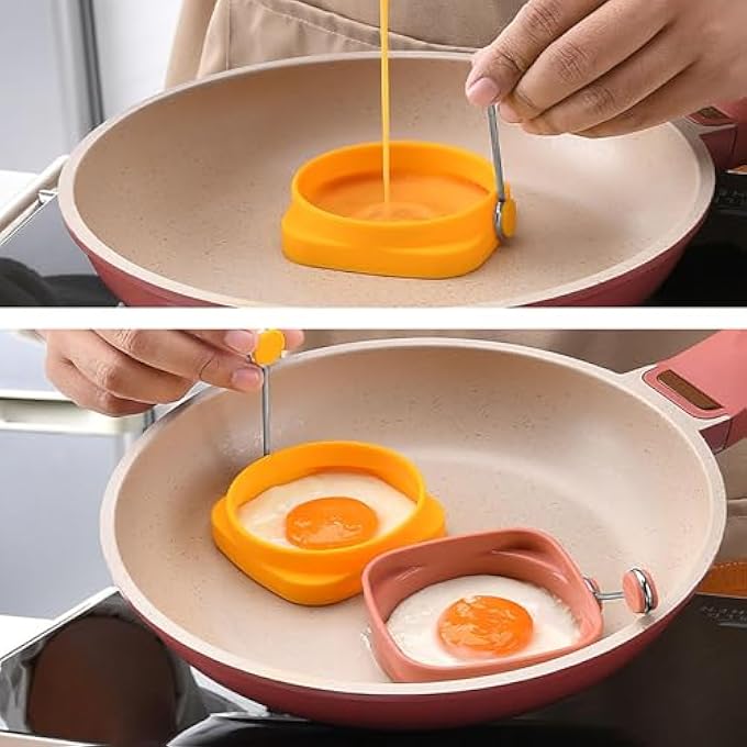 كاست ويف حلقات بيض سيليكون 5 قطع، قوالب فطائر غير لاصقة ذات جانبين، حلقات طهي البيض المقلي، حلقة قالب دائرية بمقبض للبيض المقلي، فطائر البيض المقلية القابلة لإعادة الاستخدام، RoundSquare - Image 4