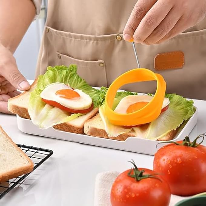 كاست ويف حلقات بيض سيليكون 5 قطع، قوالب فطائر غير لاصقة ذات جانبين، حلقات طهي البيض المقلي، حلقة قالب دائرية بمقبض للبيض المقلي، فطائر البيض المقلية القابلة لإعادة الاستخدام، RoundSquare - Image 5