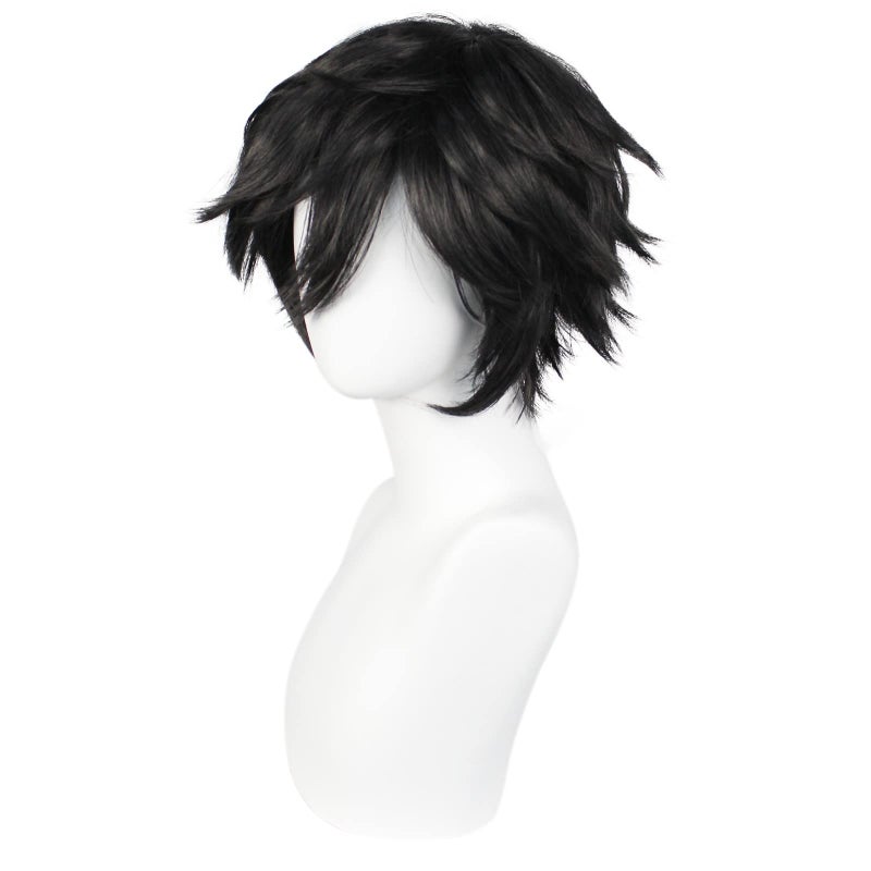 ANOGOL Hair Cap+ Short Black Wig for Men Short Black Men's Wigs for Cosplay Black Anime Cosplay Wig Layered Black Party Wigs with Bangs for Halloween Costume Christmas Peluca Negra Synthetic Hair - Image 3