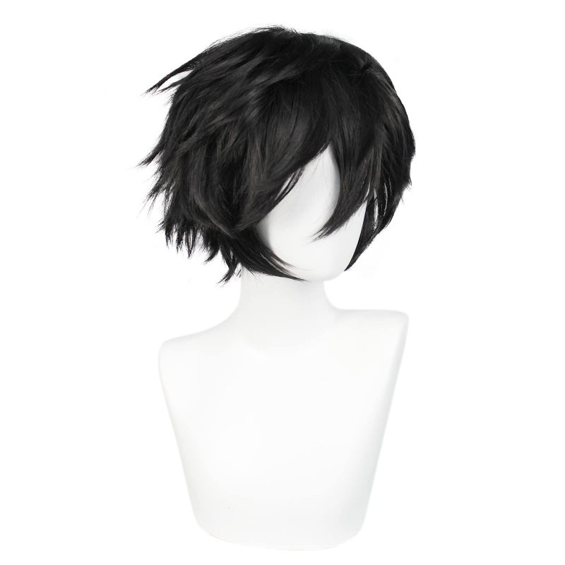ANOGOL Hair Cap+ Short Black Wig for Men Short Black Men's Wigs for Cosplay Black Anime Cosplay Wig Layered Black Party Wigs with Bangs for Halloween Costume Christmas Peluca Negra Synthetic Hair - Image 4