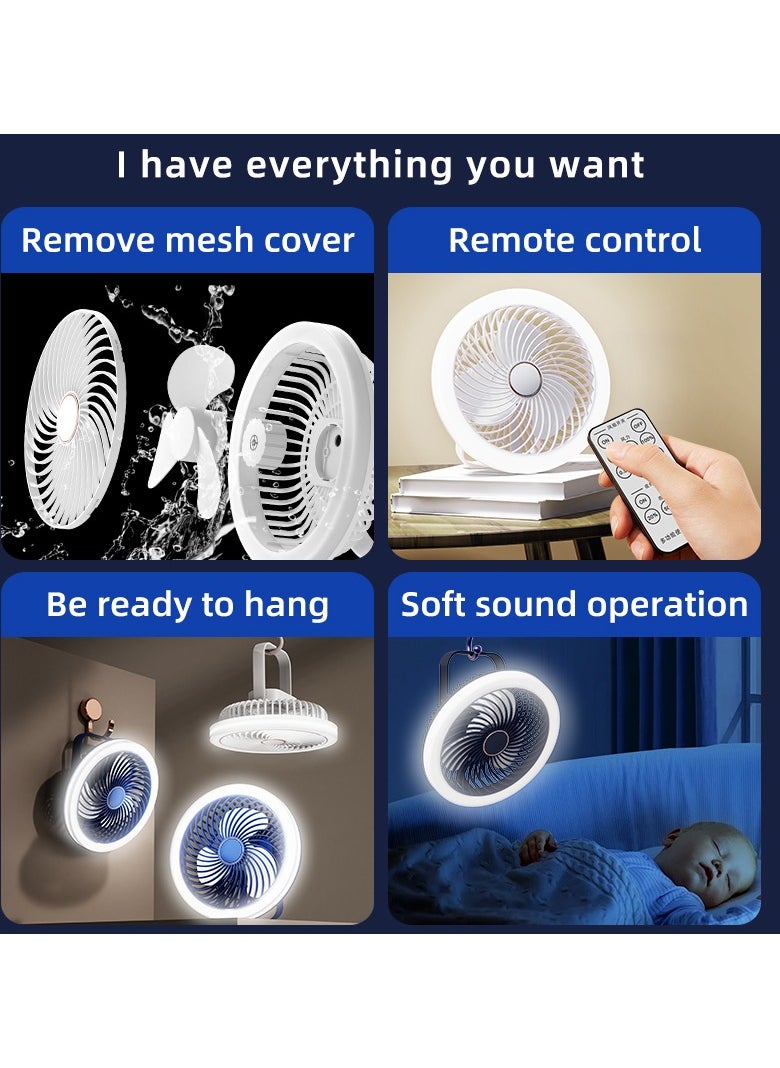 SänHahn Desk Fan, USB Fan 2400mAh Rechargeable Battery Powered,  Personal Fan with Remote Control, 3 Speed, Strong Airflow Portable Fan, Quiet Operation Fan with LED Light and 360° Rotate Easy Clean Table Fan for Bedroom Home Office Outdoor Travel - White  - Image 2