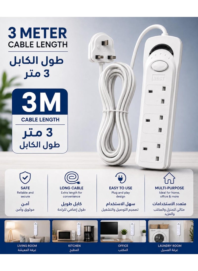 Best 3 Meter Best Power Strips Extension Cord | 3 Sockets Universal Plug Adapter with 3Meter Bold Extension Cable | Power Socket | Extension Board | Extension Cable | Extension Socket For Home,Office,Kitchen ,Travel And More (White) ((3Meter)) - Image 1