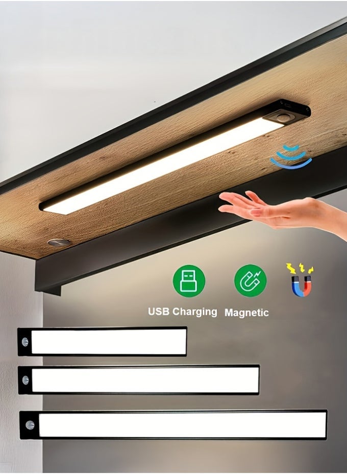 MAGNETIC LED MOTION SENSOR CABINET LIGHTS (BLACK)  30CM/40CM/60CM RECHARGEABLE USB-C NIGHT LIGHT, 3 COLOR TEMPS (WARM, COOL, MIXED), ULTRA-BRIGHT WITH 56/78/120 LEDS  UNDER CABINET LIGHTING FOR CLOSET, KITCHEN, STAIRS, HALLWAY