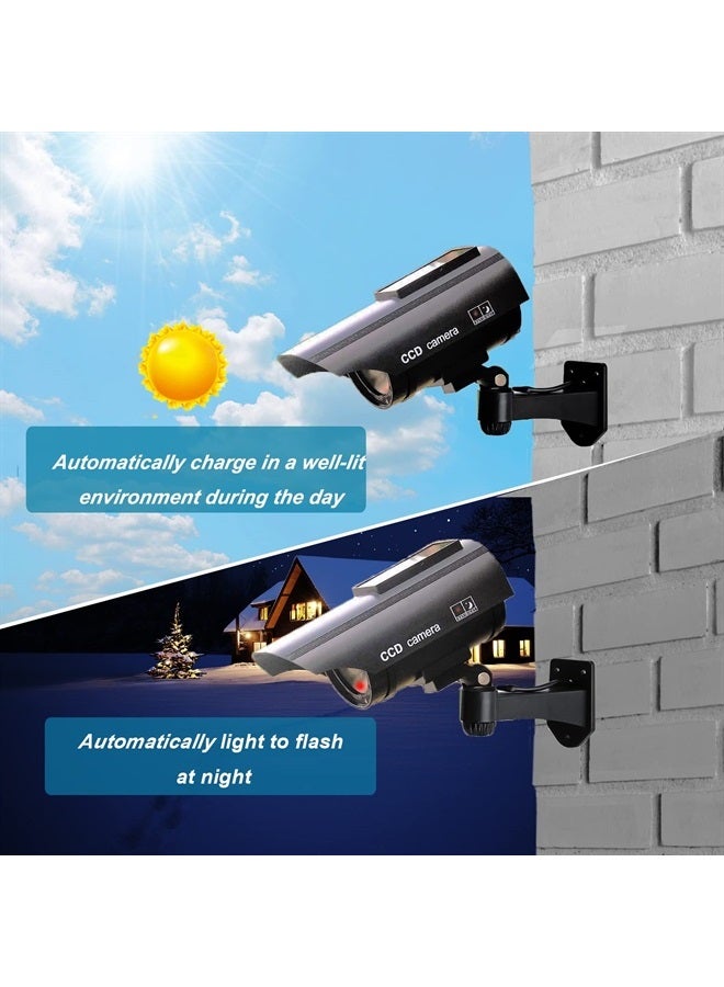 YSUCAU Solar Powered Bullet Dummy Fake Simulated Surveillance Security CCTV Dome Camera Indoor/Outdoor Use with Flashing Red LED Light & Warning Security Alert Sticker Decal, 2 Packs, Black - Image 3