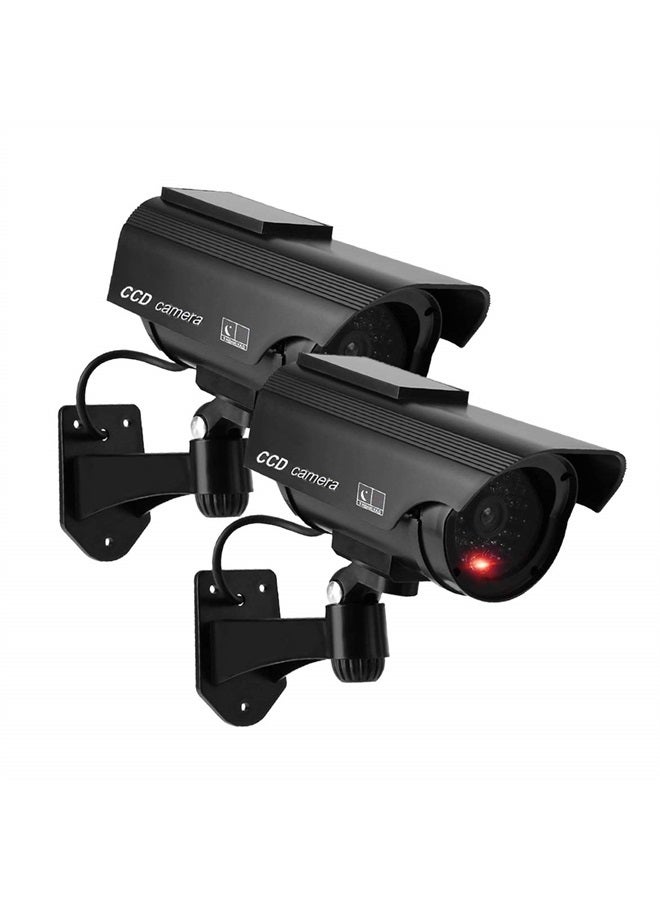 YSUCAU Solar Powered Bullet Dummy Fake Simulated Surveillance Security CCTV Dome Camera Indoor/Outdoor Use with Flashing Red LED Light & Warning Security Alert Sticker Decal, 2 Packs, Black - Image 1