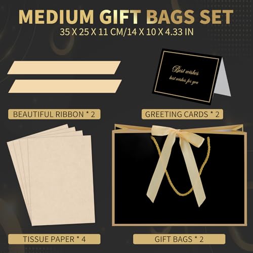woric Black Gift Bags with Handles 14 Medium Gift Bag with Tissue Paper 2 Pcs Bags with 4 Tissue Paper and 2 Cards for Men Graduation Fathers Day Birthday Party - Image 3