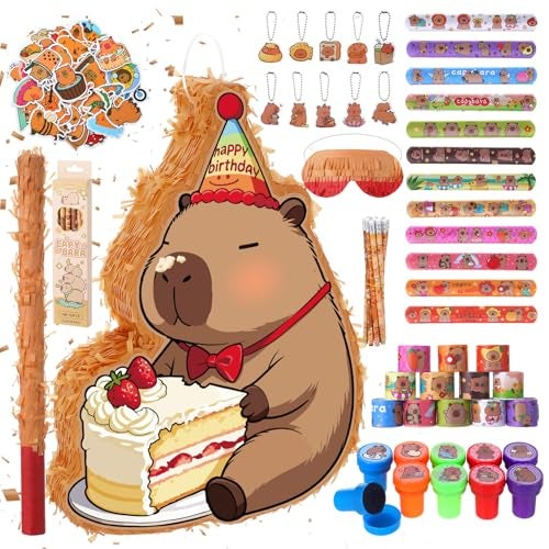 Guiqulai Capybara Piata Party Set Animal Themed Birthday Party Supplies with Pencils Snap Bracelets Stamps Keychains Stickers for Birthday Baby Shower Party - Image 1