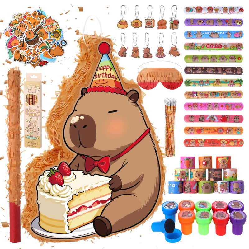 Guiqulai Capybara Piata Party Set Animal Themed Birthday Party Supplies with Pencils Snap Bracelets Stamps Keychains Stickers for Birthday Baby Shower Party - Image 3