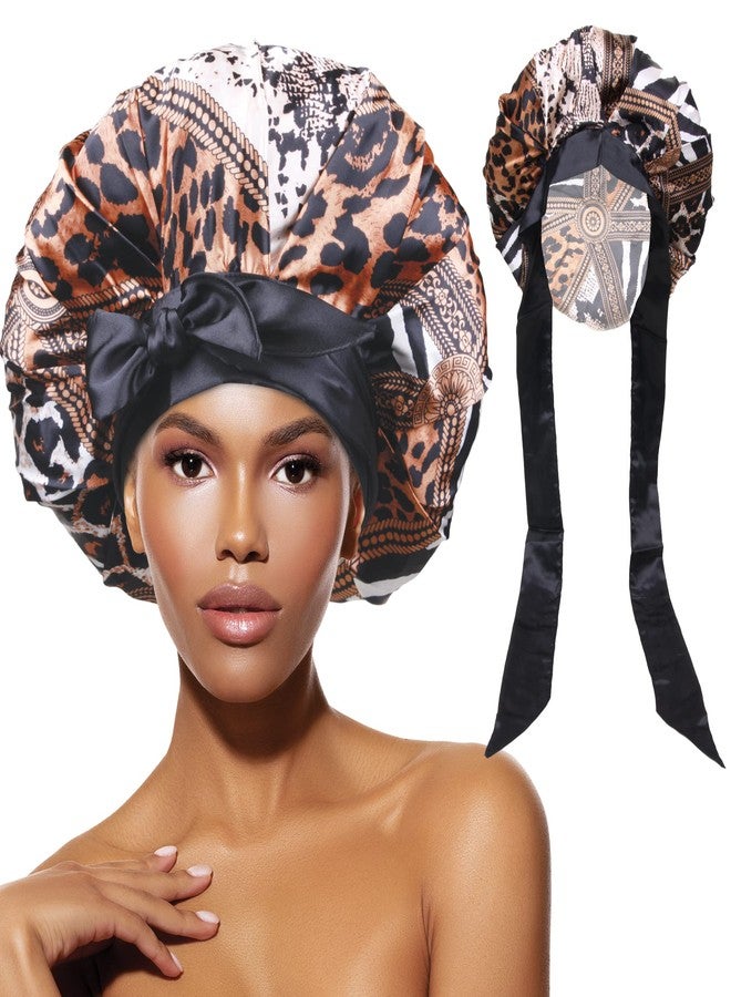 Donna دونا غطاء رأس ساتان قابل للتعديل كبير، كبير جداً 1 قطعة مع رباط ساتان حول خط الشعر ومنطقة مؤخرة الرأس، ملحقات الشعر، غطاء نوم، قبعات استحمام، 1 قطعة بنمط حيوانات متعددة - Image 1