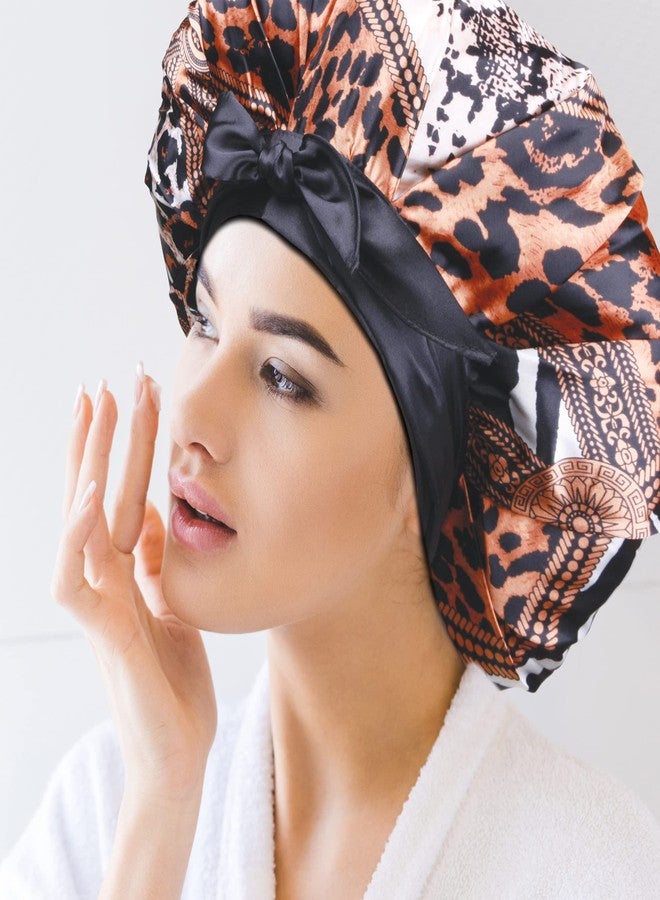 Donna دونا غطاء رأس ساتان قابل للتعديل كبير، كبير جداً 1 قطعة مع رباط ساتان حول خط الشعر ومنطقة مؤخرة الرأس، ملحقات الشعر، غطاء نوم، قبعات استحمام، 1 قطعة بنمط حيوانات متعددة - Image 2