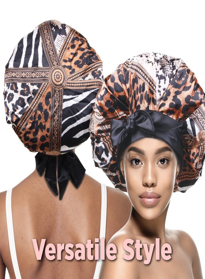 Donna دونا غطاء رأس ساتان قابل للتعديل كبير، كبير جداً 1 قطعة مع رباط ساتان حول خط الشعر ومنطقة مؤخرة الرأس، ملحقات الشعر، غطاء نوم، قبعات استحمام، 1 قطعة بنمط حيوانات متعددة - Image 3