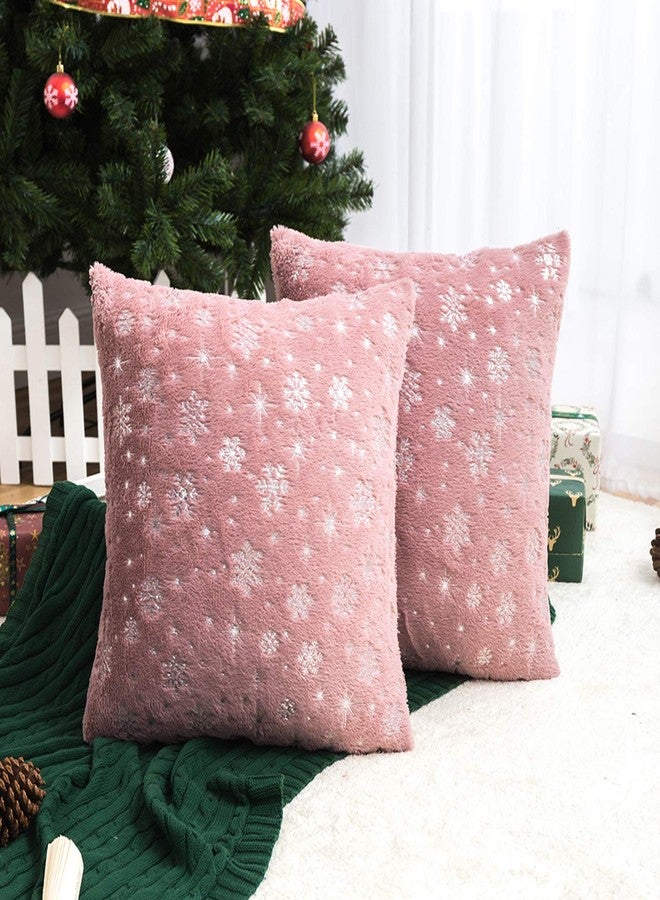 AQOTHES Soft Faux Fur Fuzzy Cute Decorative Throw Pillows Covers with Snowflake Glitter Printed Pillowcases for Christmas Decor Home Bed Room Sofa Chair Couch, Pink 18x18 inch, Pack of 2 - Image 1