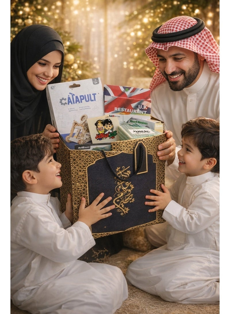 علبة هدايا عيد مبارك للأطفال - عبوة من 6 قطع مع ساعة ذكية وسماعات أذن مجانية | ألعاب تعليمية، جهاز لوحي لتعليم اللغة العربية، علبة عيد للأطفال للحلوى وبطاقة عيد - Image 3