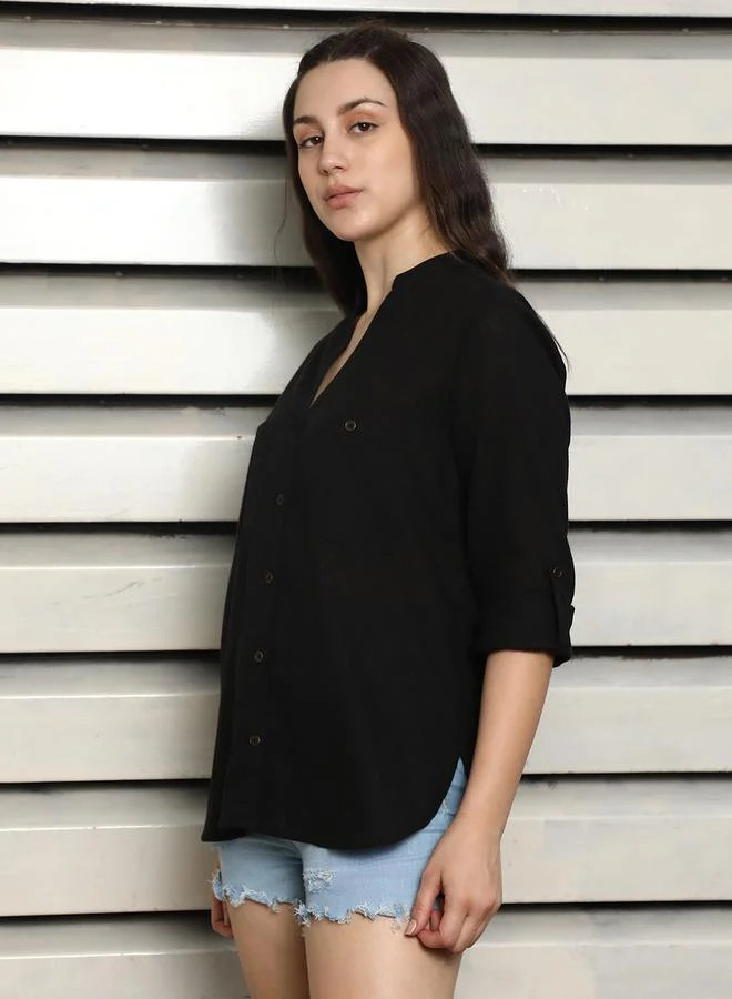 هاي ستار بلوزة كاجوال سادة بأكمام ملفوفة