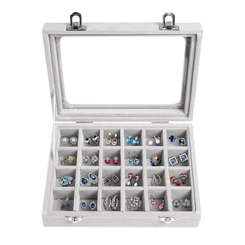 EONGOA Velvet Jewelry Box 24 Grid Jewelry Earrings Display Organiser Box Ring Tray Holder Earrings Storage Case for Girls Women Wife Mom Gray - Image 1