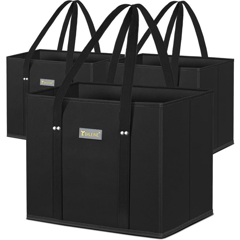 BALEINE 3Pk Reusable Grocery Bags Foldable Shopping Bags for Groceries with Reinforced Bottom  Handles Black
