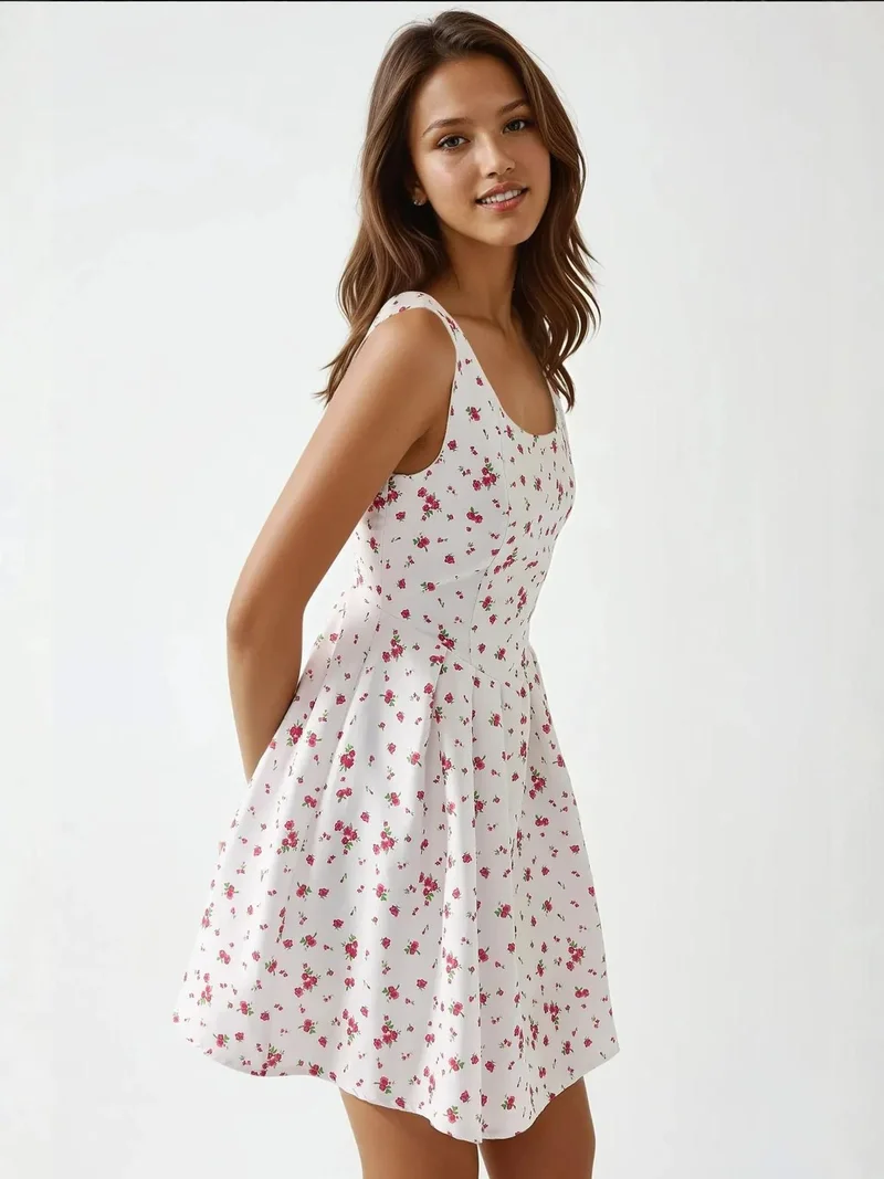 زوبعة فستان قصير بقصة حرف  بنقشة زهور وياقة دائرية