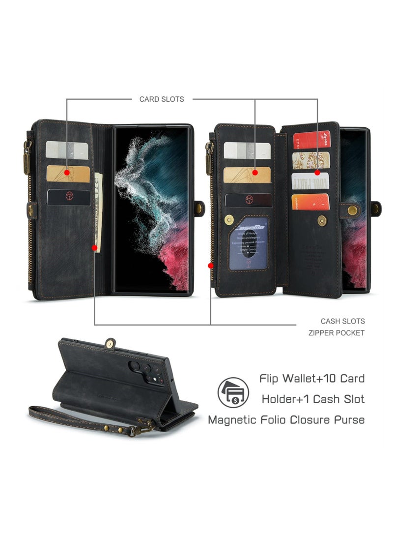 Y&D Galaxy S22 Ultra Wallet Case - PU Leather, Magnetic Flip, Lanyard Strap, Zipper Card Holder, 360 Full Body Protective Cover for Samsung  - Image 4
