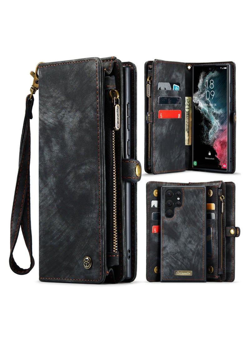 Y&D Galaxy S22 Ultra Wallet Case - PU Leather, Magnetic Flip, Lanyard Strap, Zipper Card Holder, 360 Full Body Protective Cover for Samsung  - Image 1