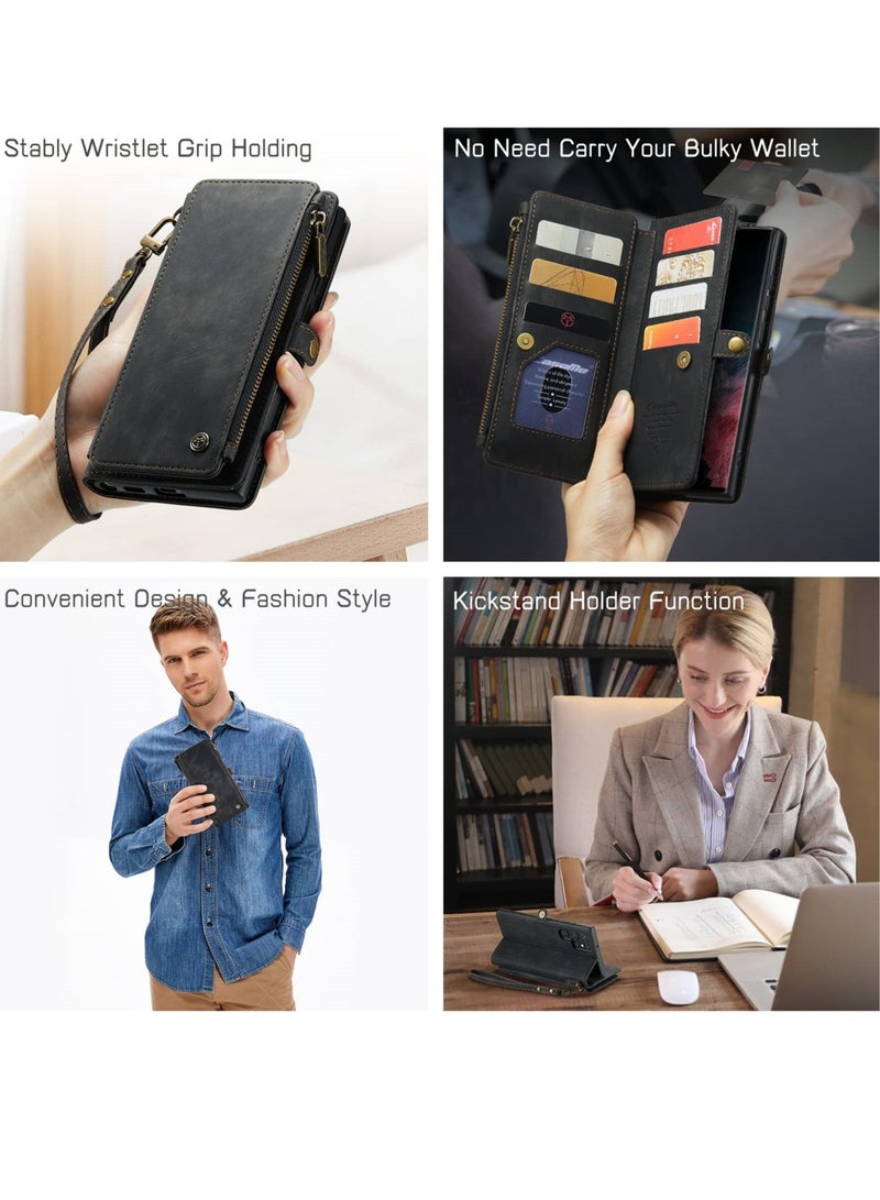 Y&D Galaxy S22 Ultra Wallet Case - PU Leather, Magnetic Flip, Lanyard Strap, Zipper Card Holder, 360 Full Body Protective Cover for Samsung  - Image 5