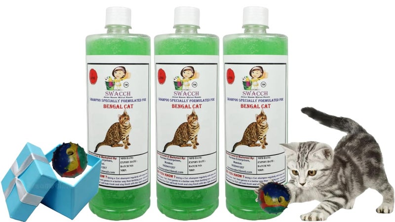 swacch Bengal Cat Shampoo + Rubber Musical Ball I Chew Playing Rubber Ball I Interactive Cat Toy Balls I Training & Play I Combo Pack I 1 Litre Pack of 3 Neem Alovera - Image 1