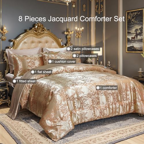 Bedding_Dreamer King Size 8-Piece Jacquard Comforter Set with Satin Sheets Set – Elegant Coordinated Bedding Collection for Bedroom Gold Bed-in-a-Bag - Image 2