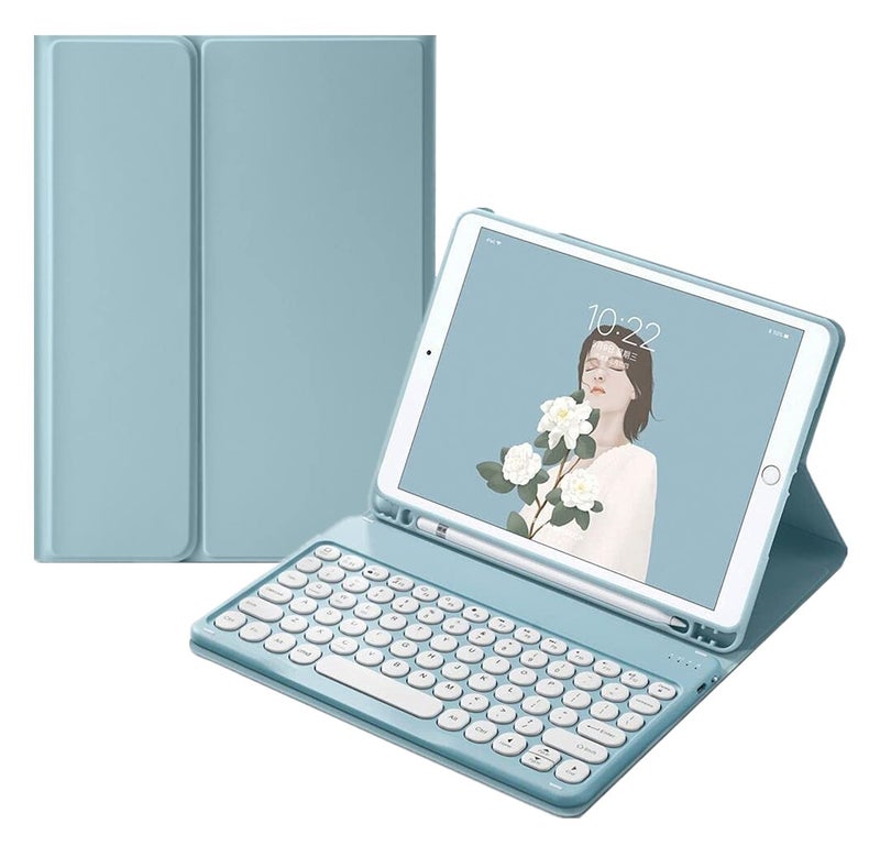 HENGHUI Keyboard Case for Galaxy Tab S10 Lite / S10 FE / S9 FE 10.9 inch, Tab S9/S8/S7 11" Case with Detachable Magnetic Color Keyboard Cover Cute Round Key,MistyBlue - Image 1